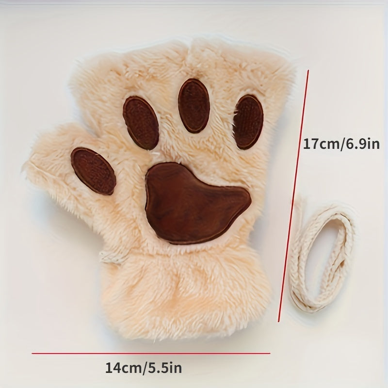 Women's Cozy Cat Claw Plush Half-Finger Gloves Warm Autumn Winter Fashion