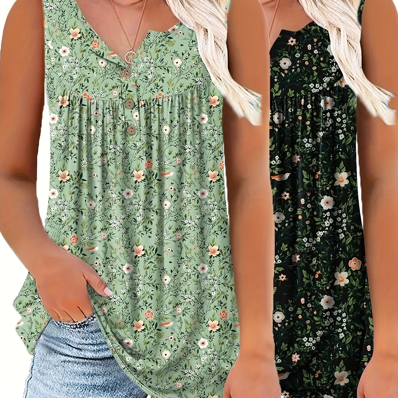 Ayollar uchun ikki qismli to'plam V-yengli kardigan va futbolka, gul bosma, kundalik kiyim