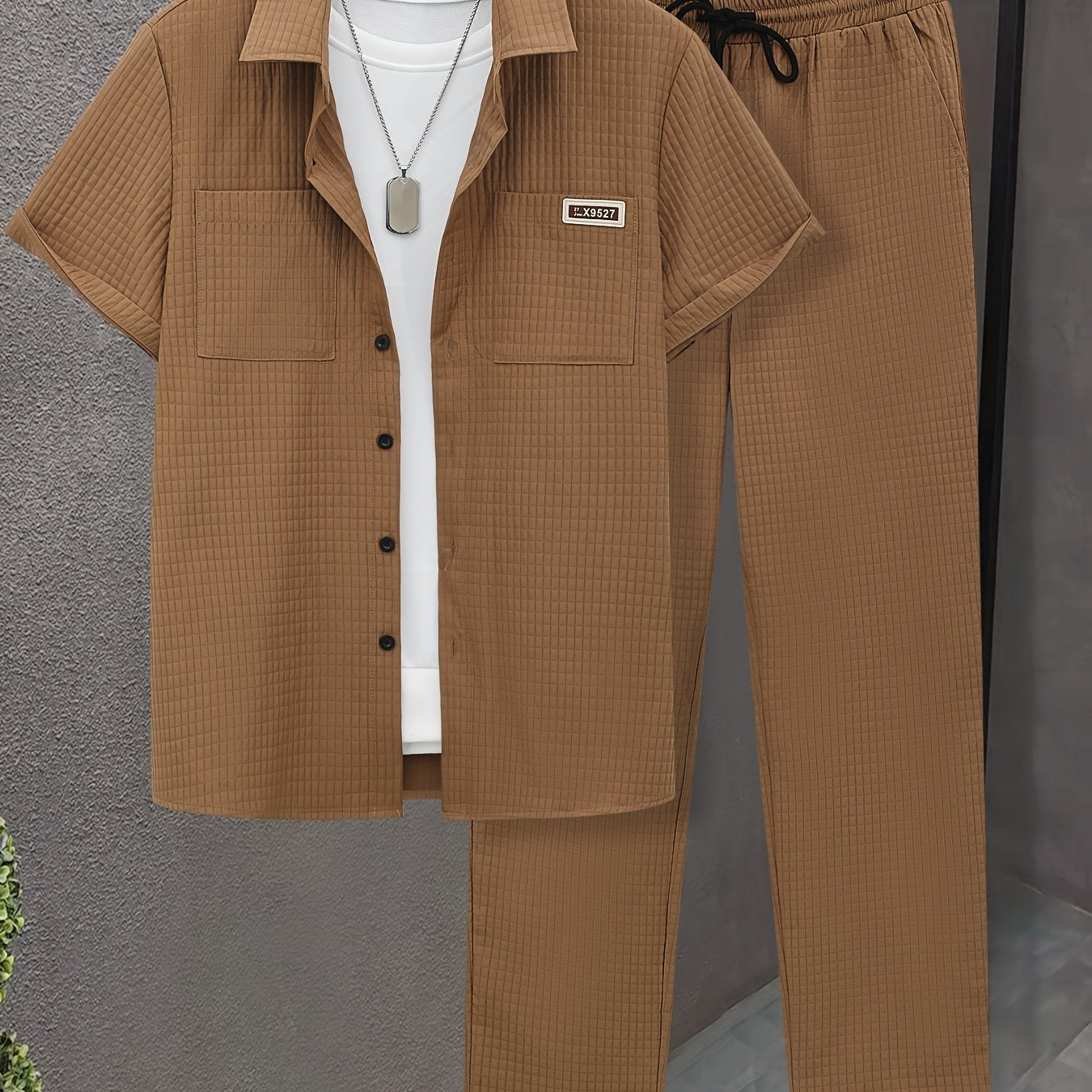 Men's Casual 2-Piece Outfit Solid Color Short Sleeve Shirt Drawstring Pants