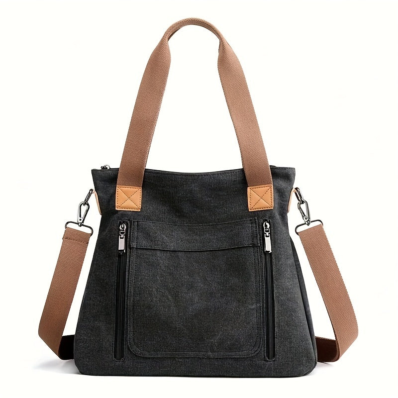 Women's Canvas Tote Bag Large Capacity Zipper Closure Detachable Strap Black