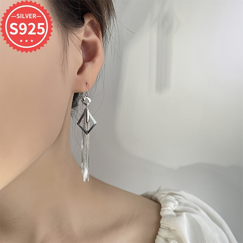 Sterling Silver Tassel Earrings Geometric Hollow Design Hypoallergenic Long Leaf Fringe