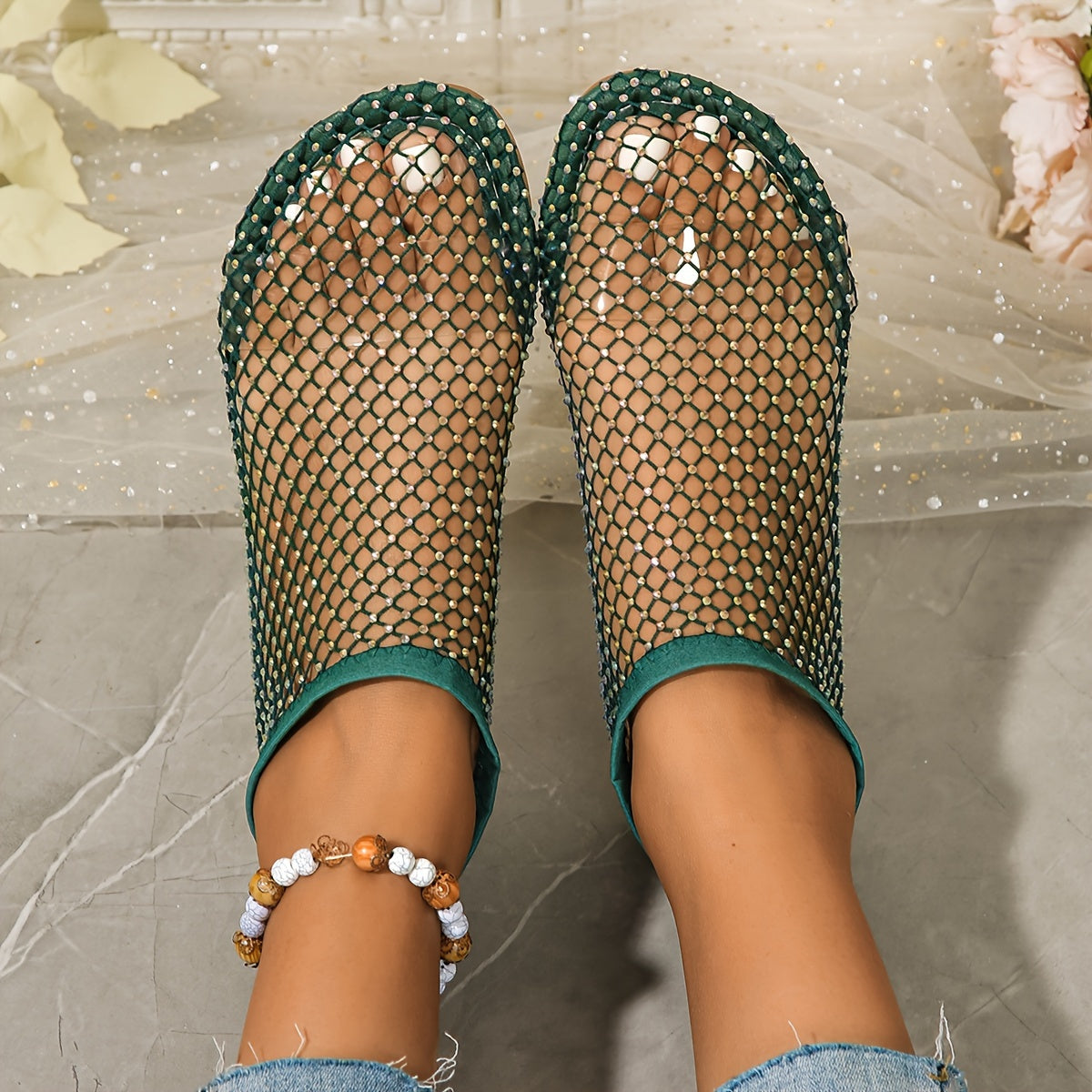 Women's Mesh Rhinestone Flat Sandals with Elastic Band and Cut-Out Design