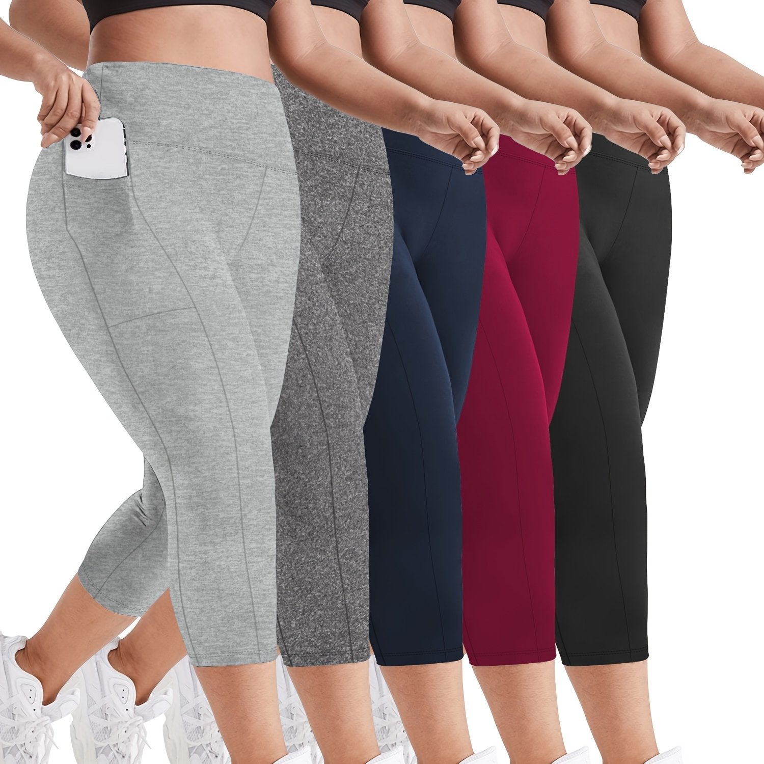 Plus Size High Waist Capri Leggings with Pockets Comfortable Stretch Solid Colors