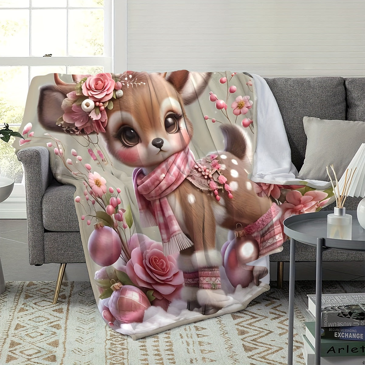 Deer Print Flannel Throw Blanket for Bed Couch Travel All-Season Cozy