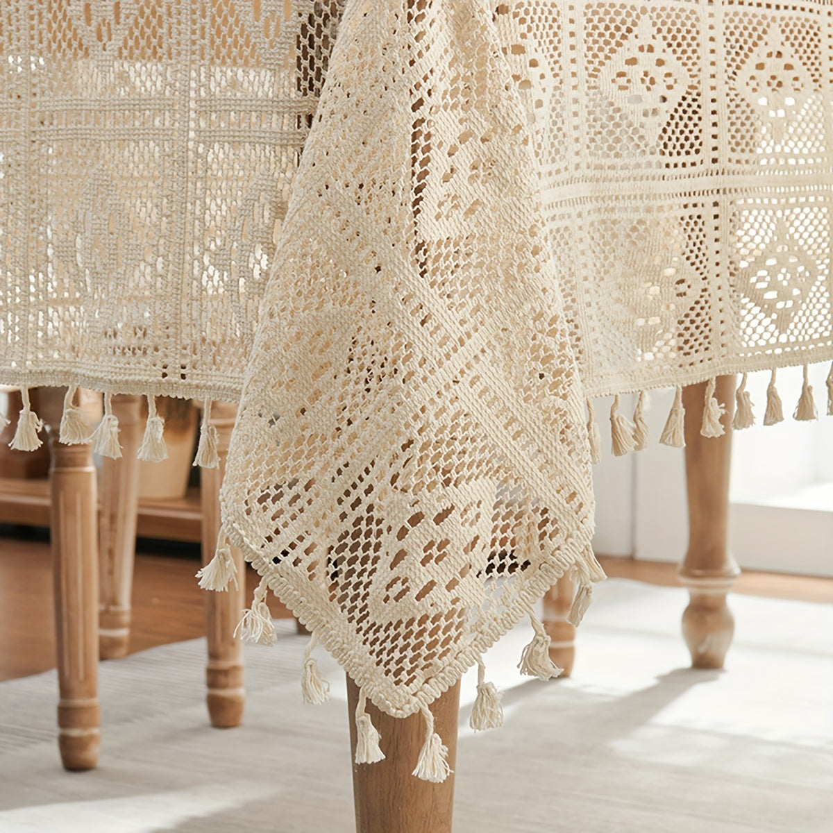 Beige Crochet Tablecloth with Tassels for Home and Party Table Settings