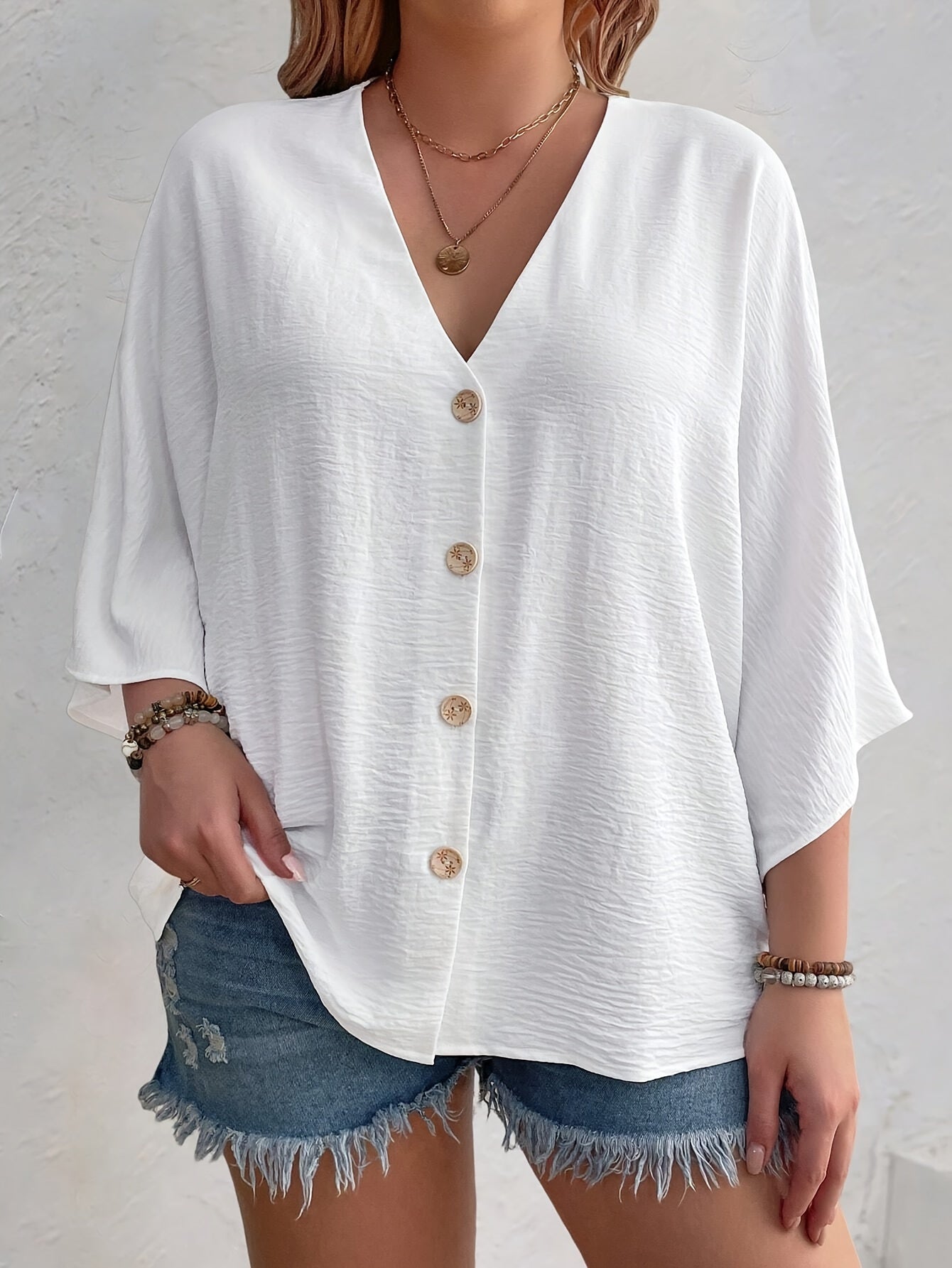 Plus Size Women's V-Neck Long Sleeve Blouse Polyester Button Front Solid White Relaxed Fit