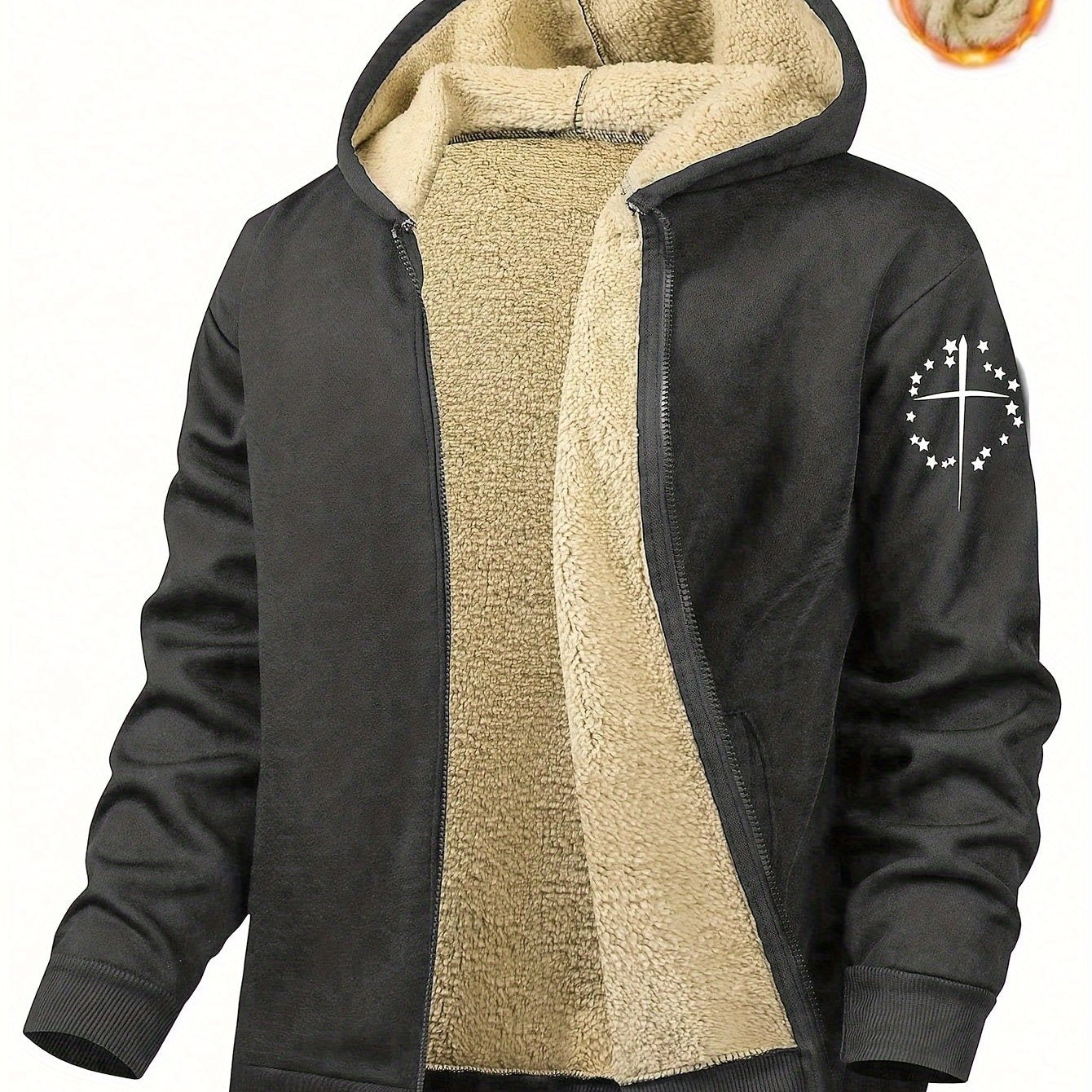 Men's Hooded Jacket with Print Pattern Polyester Knit Fabric Regular Fit Zipper Pockets for Fall Winter