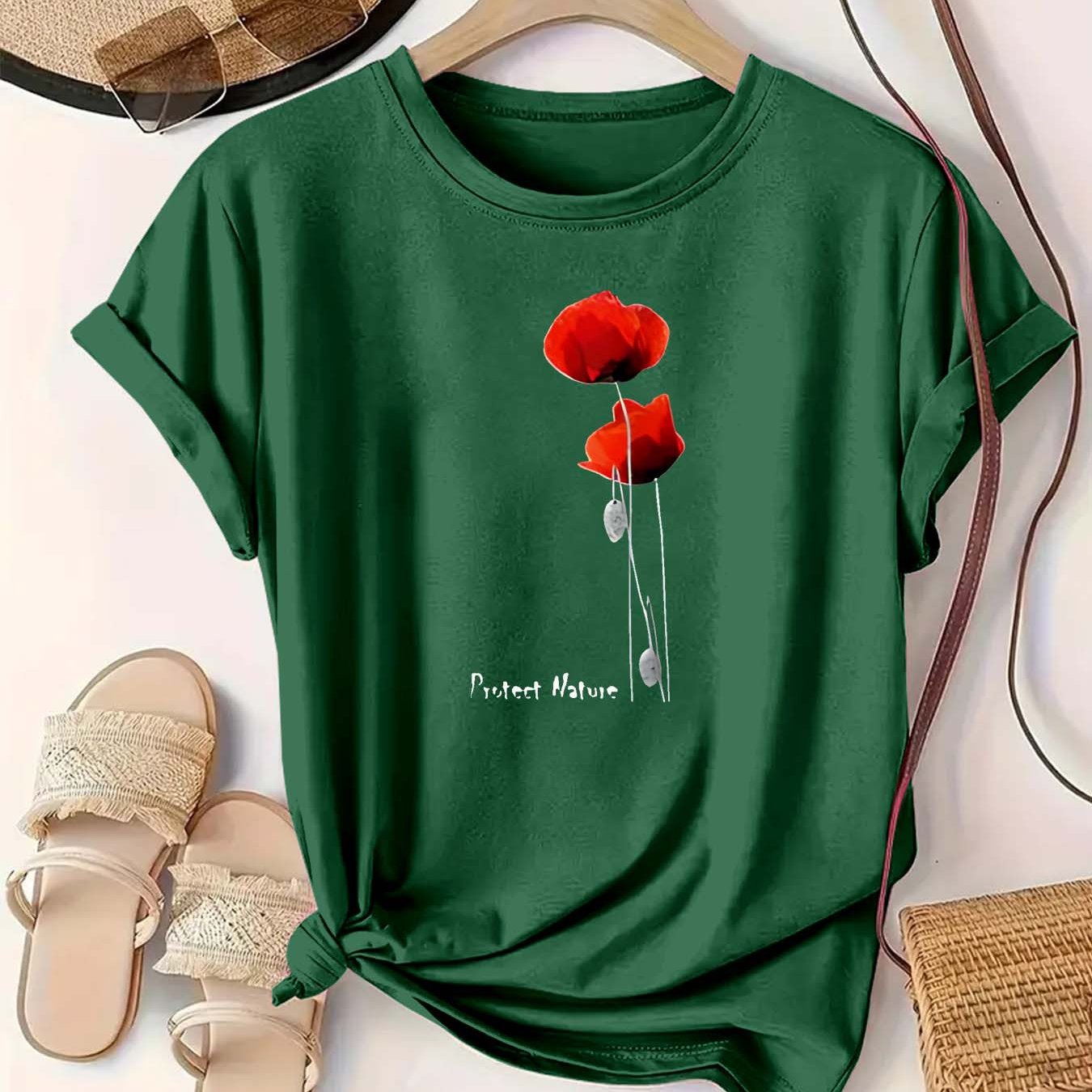 Women's Green Cotton T-Shirt Short Sleeve Casual Summer Top