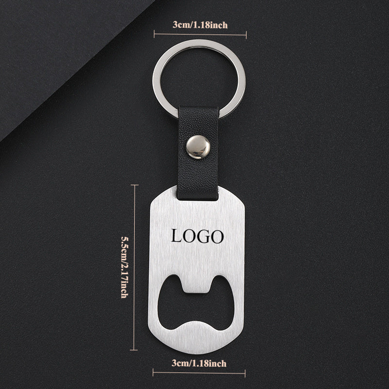 Stainless Steel Keychain with Laser Engraving Leather Bottle Opener and Gold Buckle