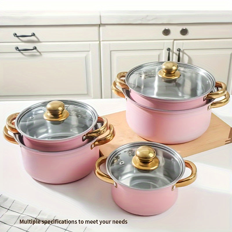 Stainless Steel Cookware Set 10 Pieces with Glass Lids and Golden Handles