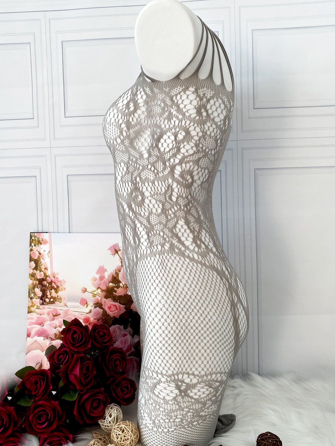Women's Fishnet and Jacquard Bodystocking for Valentine's Day or Wedding Night