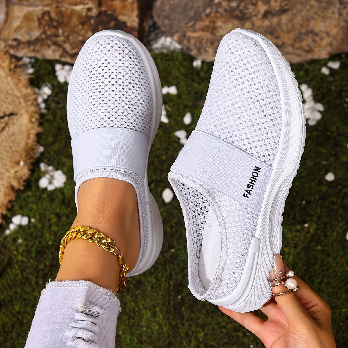 Women's White Slip-On Casual Sneakers Breathable Fabric Lightweight PVC