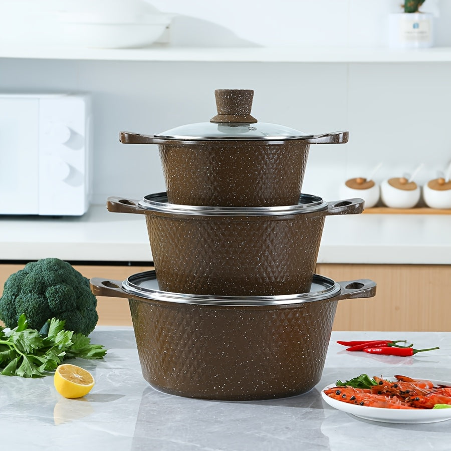 Ko'p funksiyali oshxona anjomlari to'plami, ichida sho'rva qozoni, yopishqoq bo'lmagan qovurish panasi, qaynatish qozoni va qovurish panasi mavjud, zamonaviy qahva rangida, ochiq olov yoki gaz pechlarida ishlatish uchun mos.