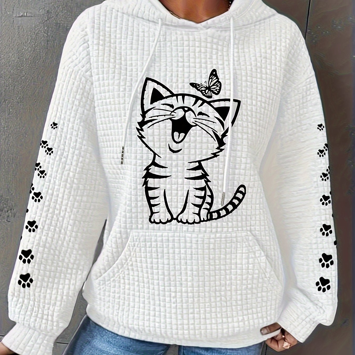 Women's Cat Pattern Waffle Hoodie Long Sleeve Casual Sweatshirt Large Size