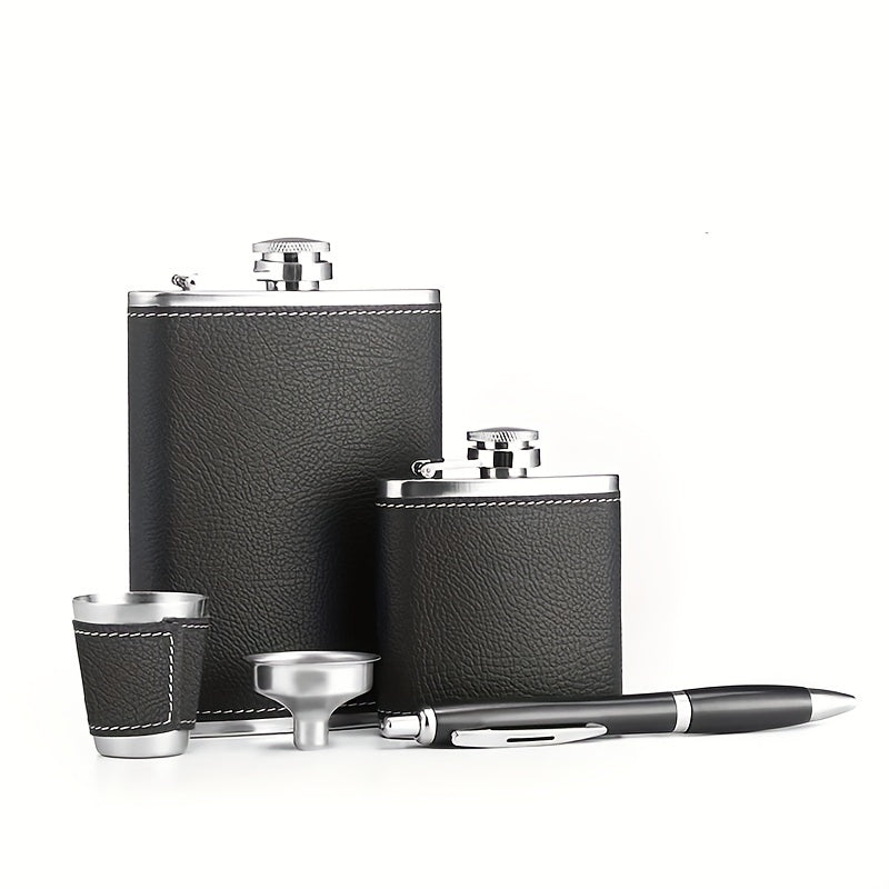 Black Leather Flask Gift Set 8oz and 30oz Stainless Steel with Cups and Chimney for Men and Women