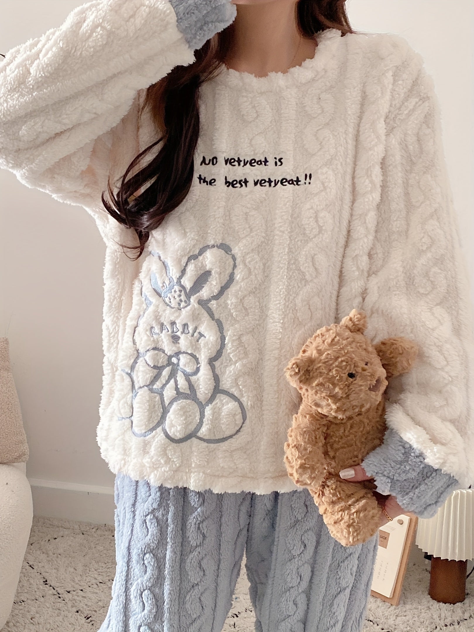 Women's Fleece Pajama Set with Rabbit Pattern Long Sleeve Crew Neck Casual Sleepwear for Teens