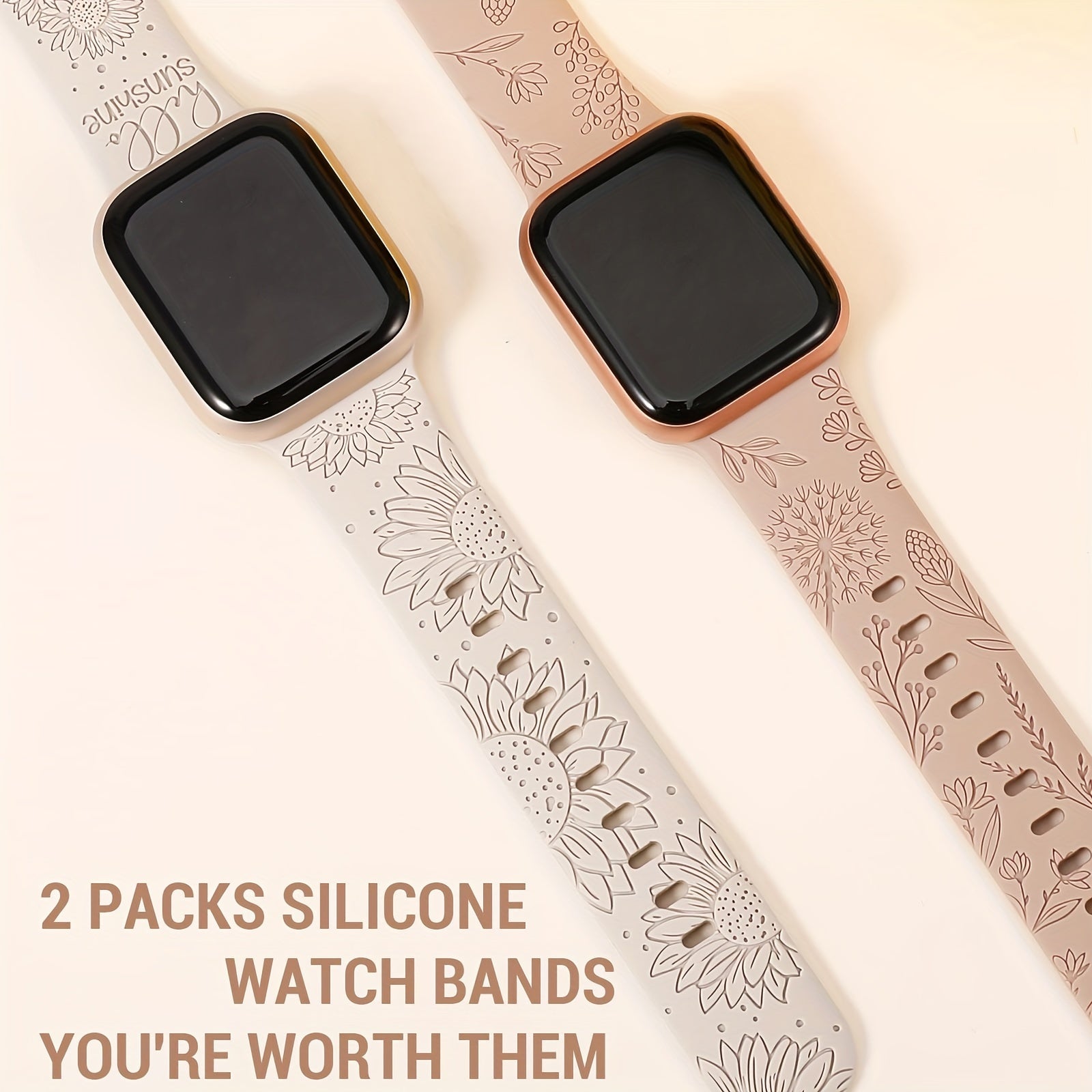 2-Pack Waterproof Silicone Floral Engraved Watch Bands Sunflower for Apple Watch Series 8 SE
