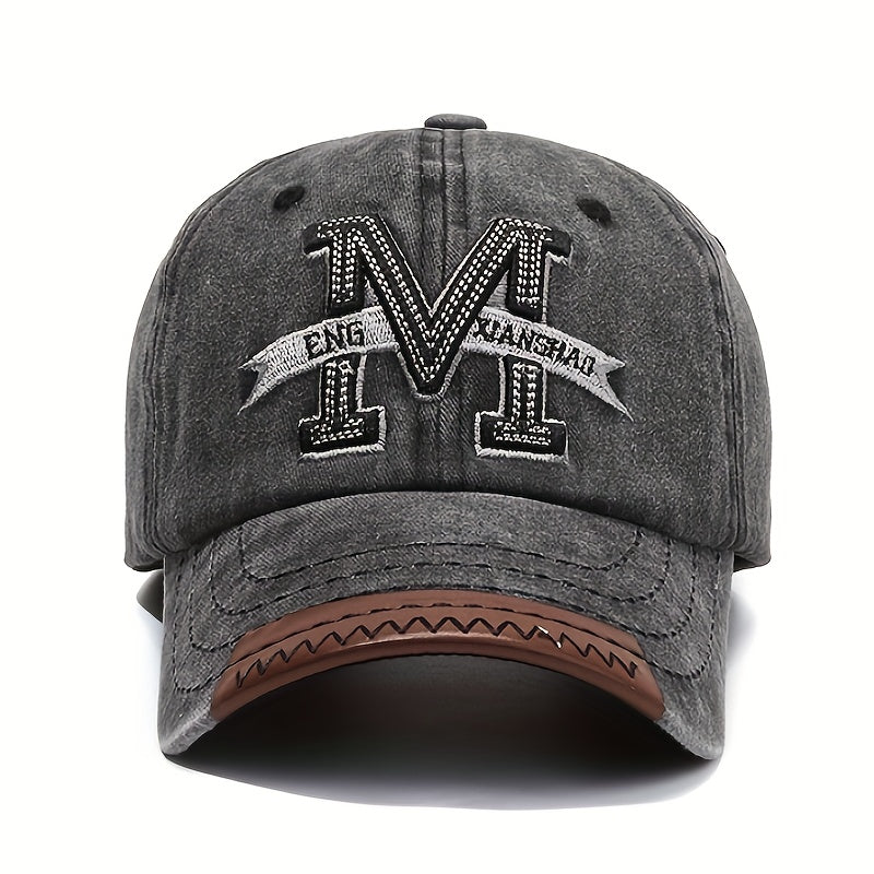 Unisex Vintage Washed Cotton Baseball Cap with Embroidered Letter M for Outdoor Sports Golf Fishing