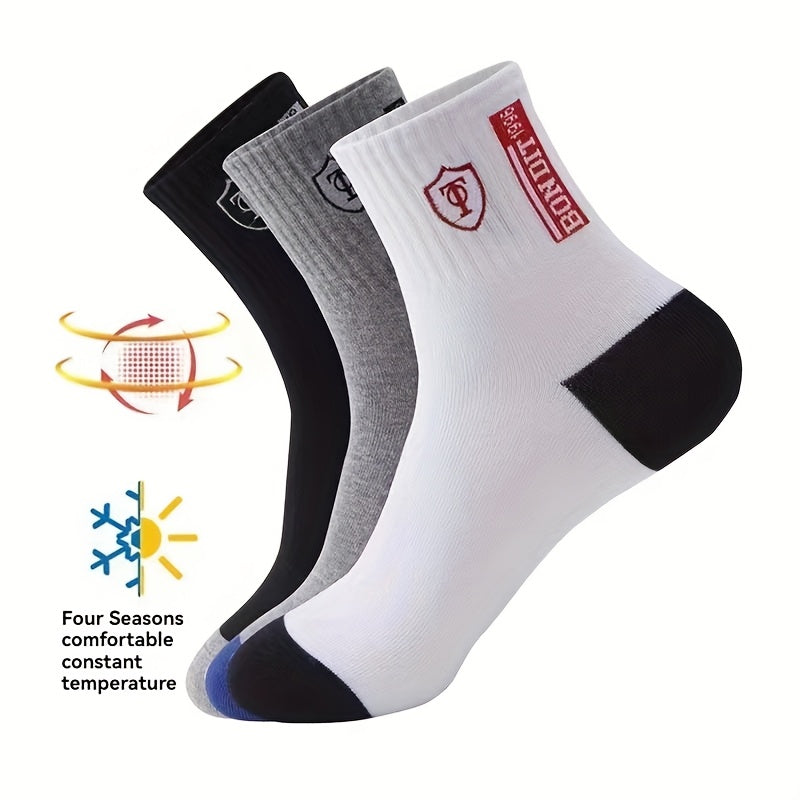 Men's Sports Crew Socks 10 Pairs Geometric Letter Pattern Cotton Polyester