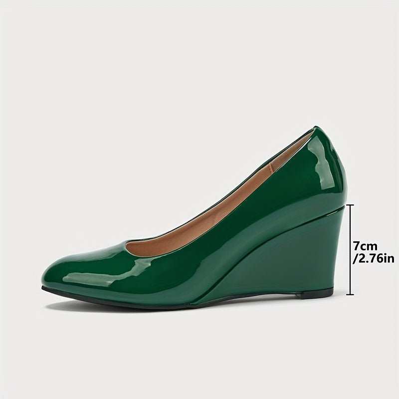 Women's Green Glossy Round Toe High Heel Pumps for Office and Formal Events