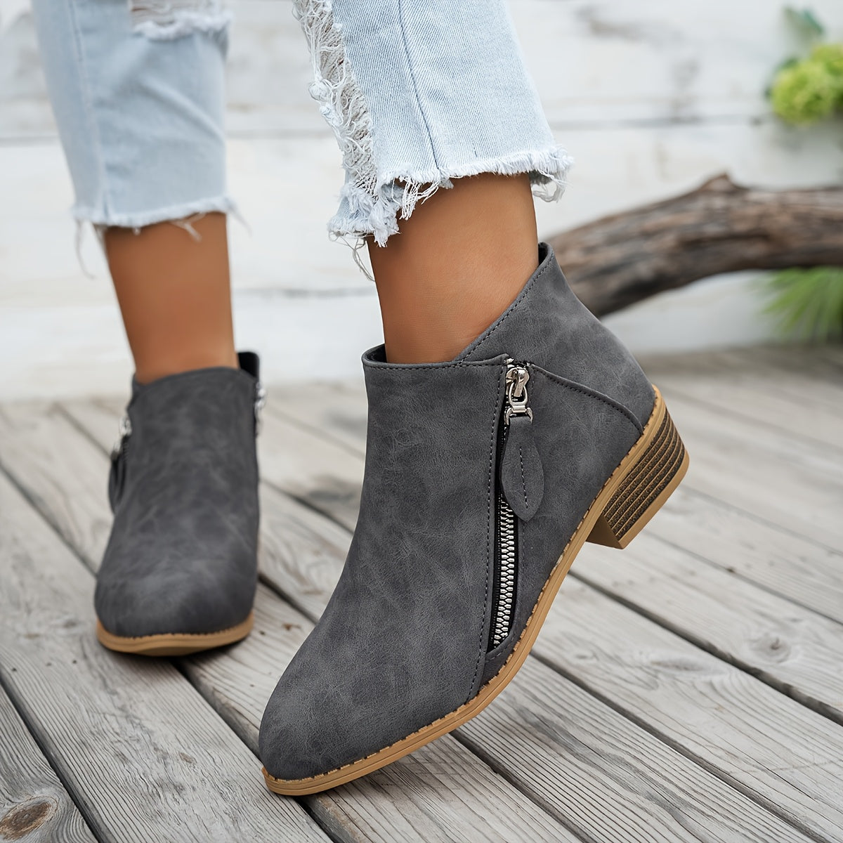 Women's Ankle Boots Pointed Toe Faux Leather Side Zipper All-Season Brown