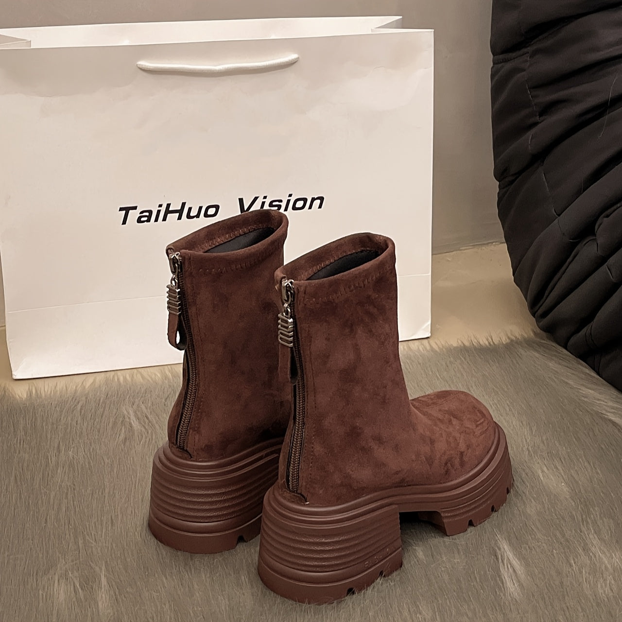 Women Chunky Platform Ankle Boots Brown Slip-On Zipper Cushioned Sole