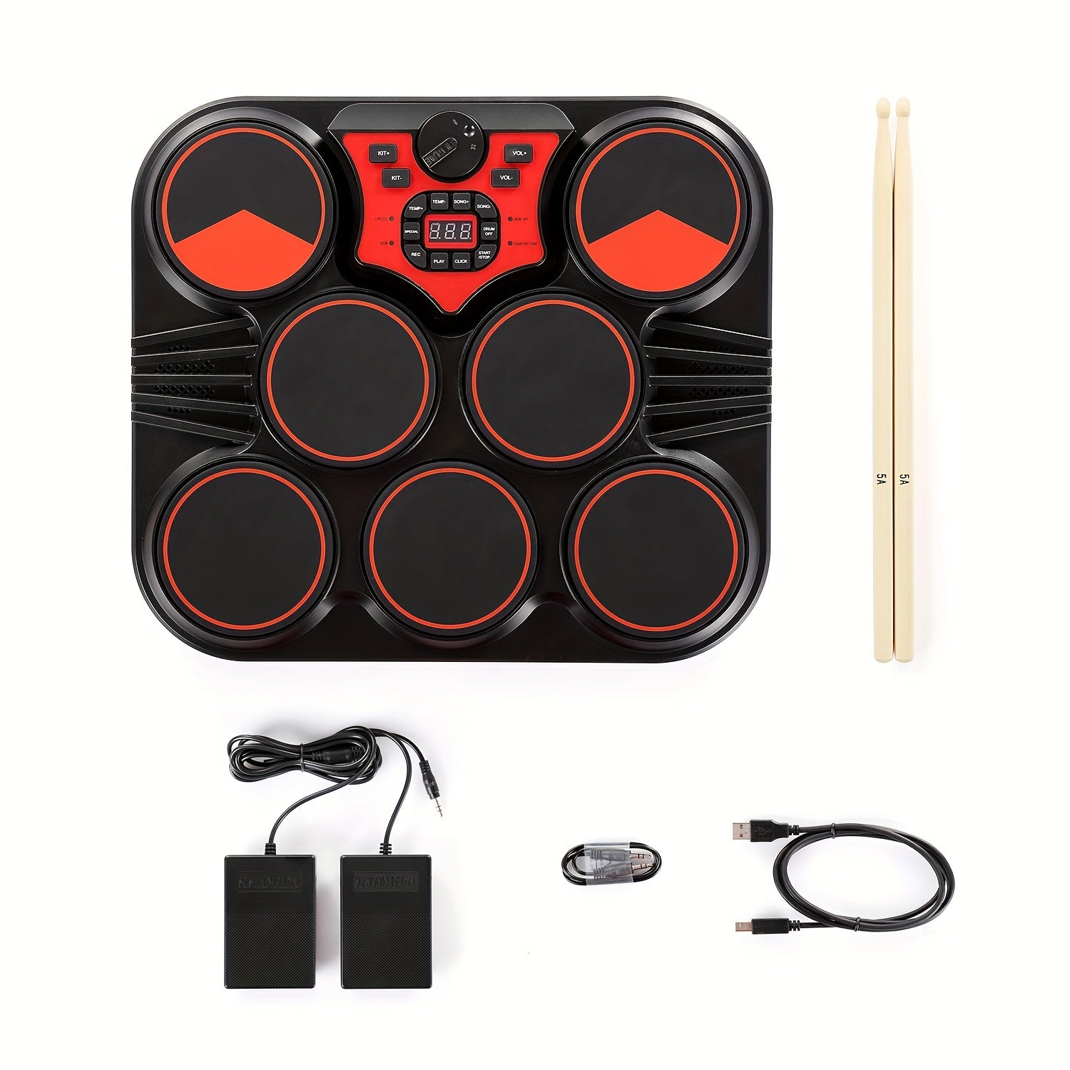 Portable Electronic Drums with Foot Pedal and Drumsticks Black 10H Playback USB Recording