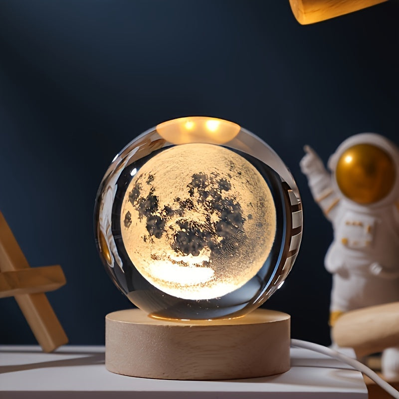3D Laser Engraved Crystal Ball Night Light Solar System Saturn USB Powered Gift