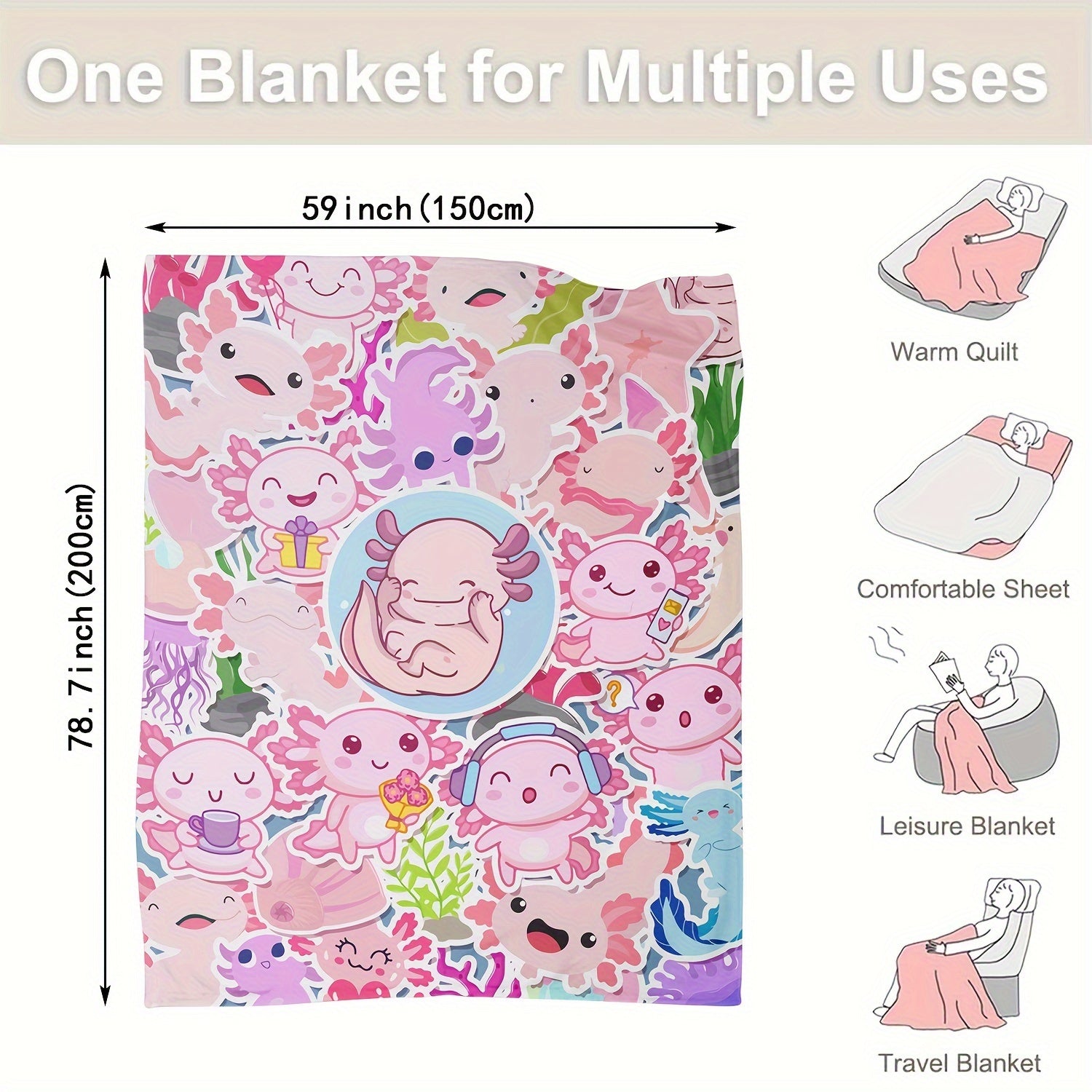 Pink Axolotl Digital Printing Flannel Blanket for All Seasons