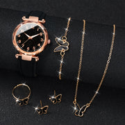 Set of 6 Women's Casual Quartz Watches with Butterfly Jewelry Alloy Case PU Leather Band