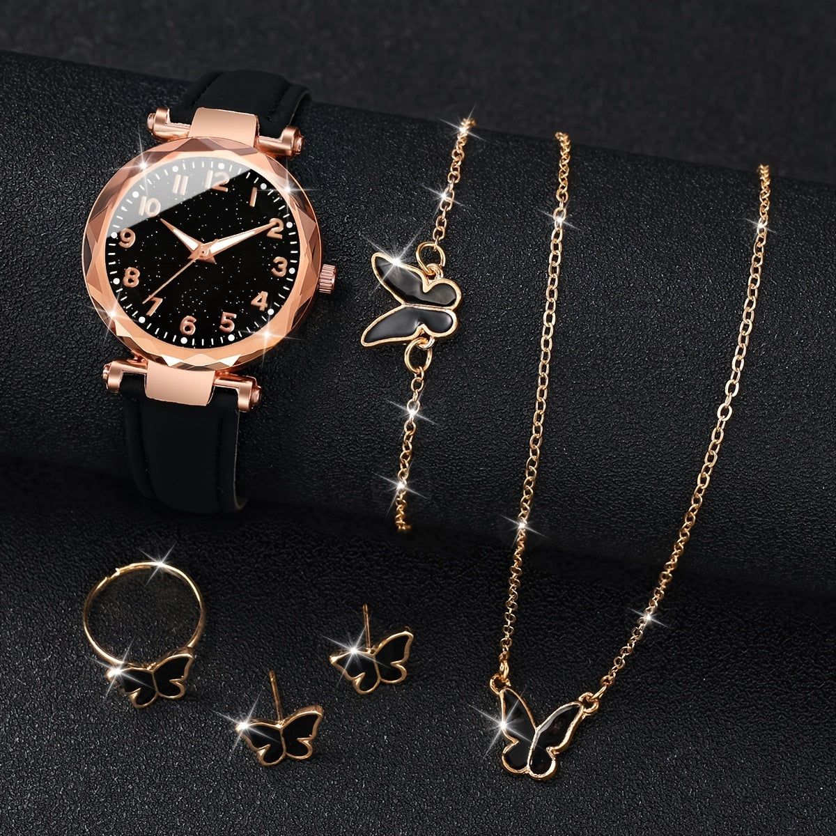 Set of 6 Women's Casual Quartz Watches with Butterfly Jewelry Alloy Case PU Leather Band