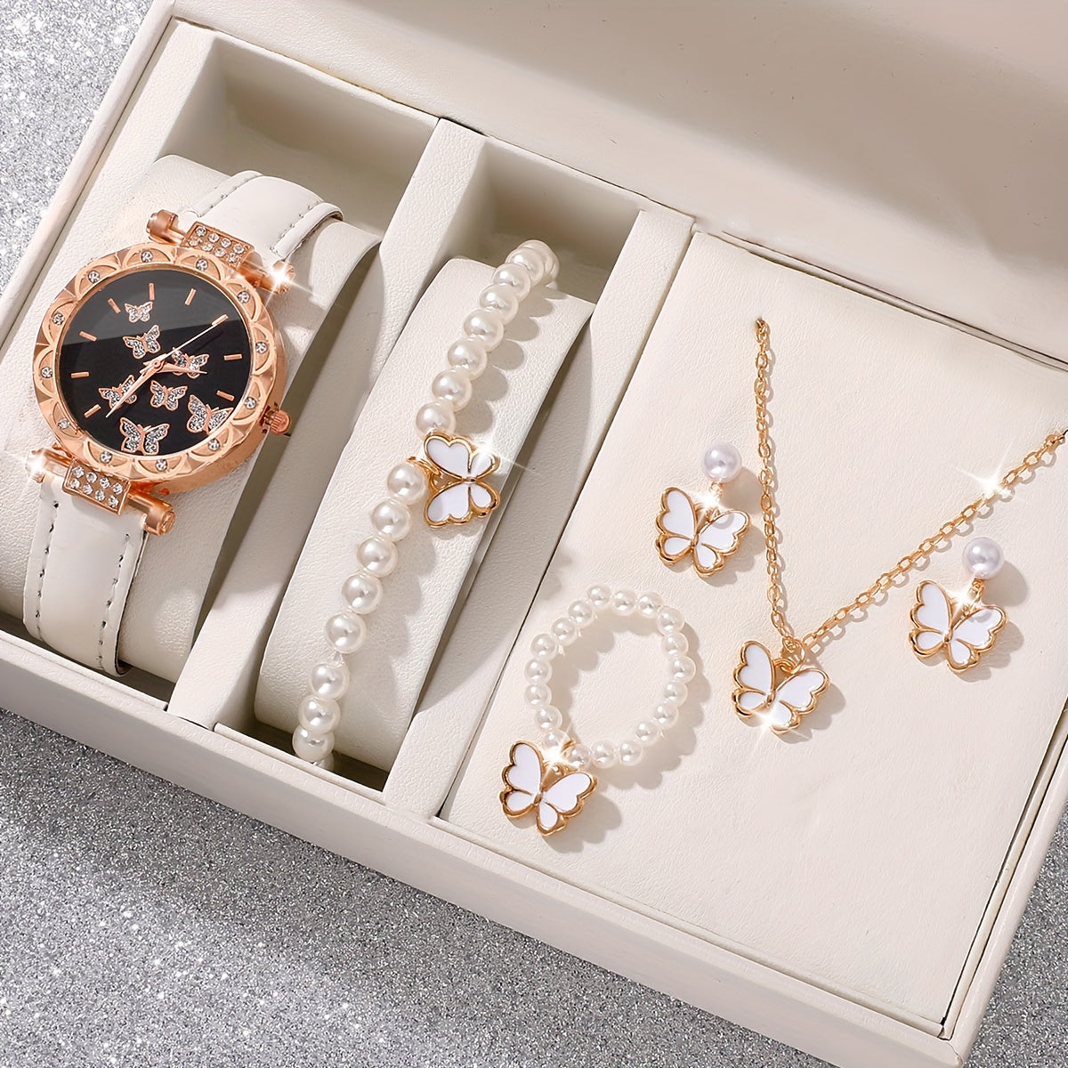Set of 6 Women's Elegant Butterfly Rhinestone Quartz Watches with Leather Bands and Jewelry