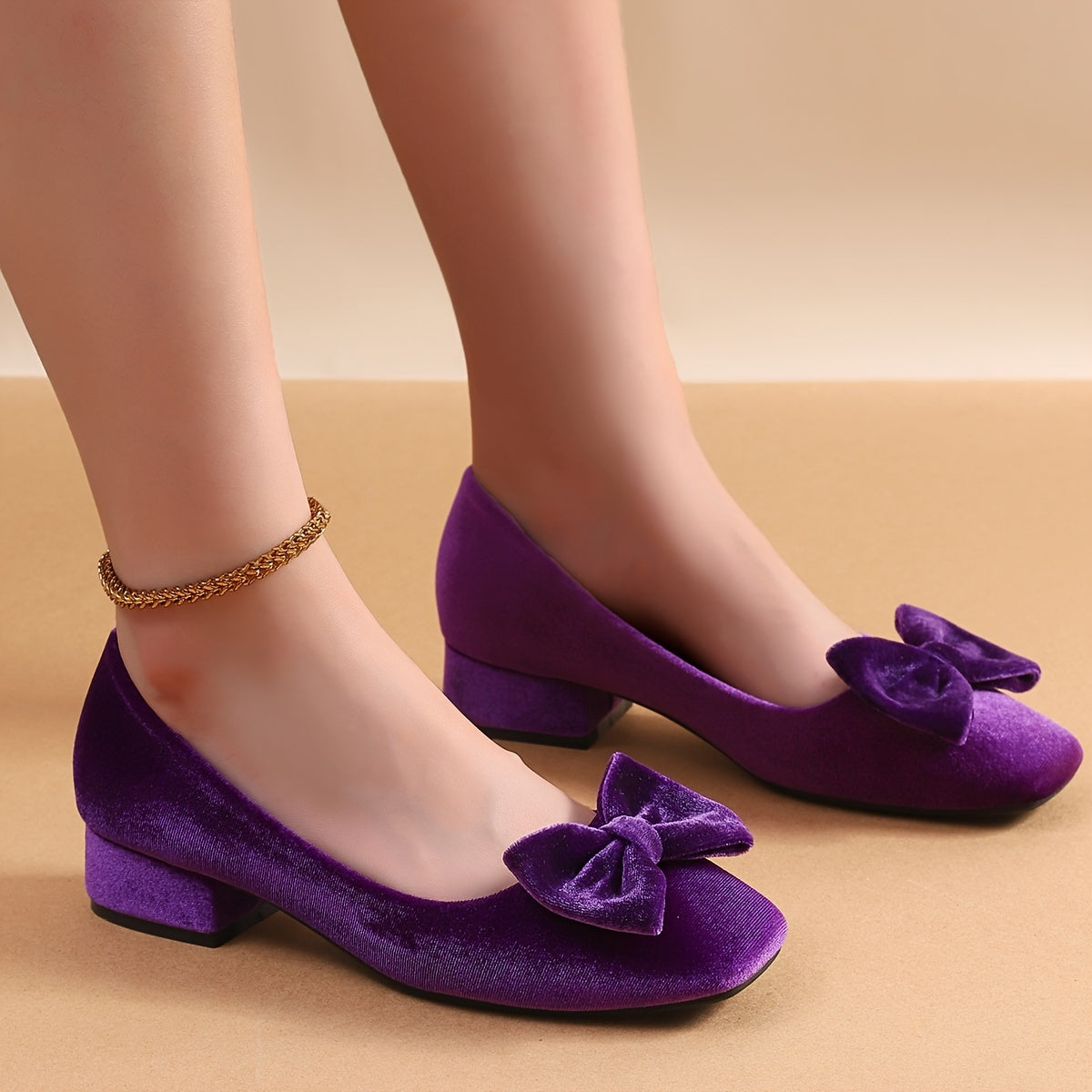 Women's Velvet Bowknot High Heels Square Toe Chunky Heel Office Shoes