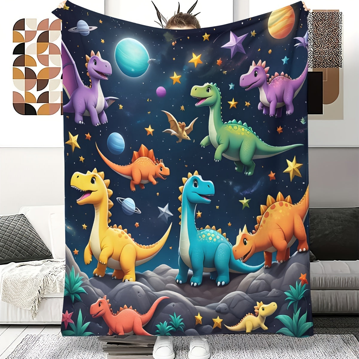 Manta de felpa con estampado de dinosaurio y estrellas, suave y cómoda para sofá, cama y viajes