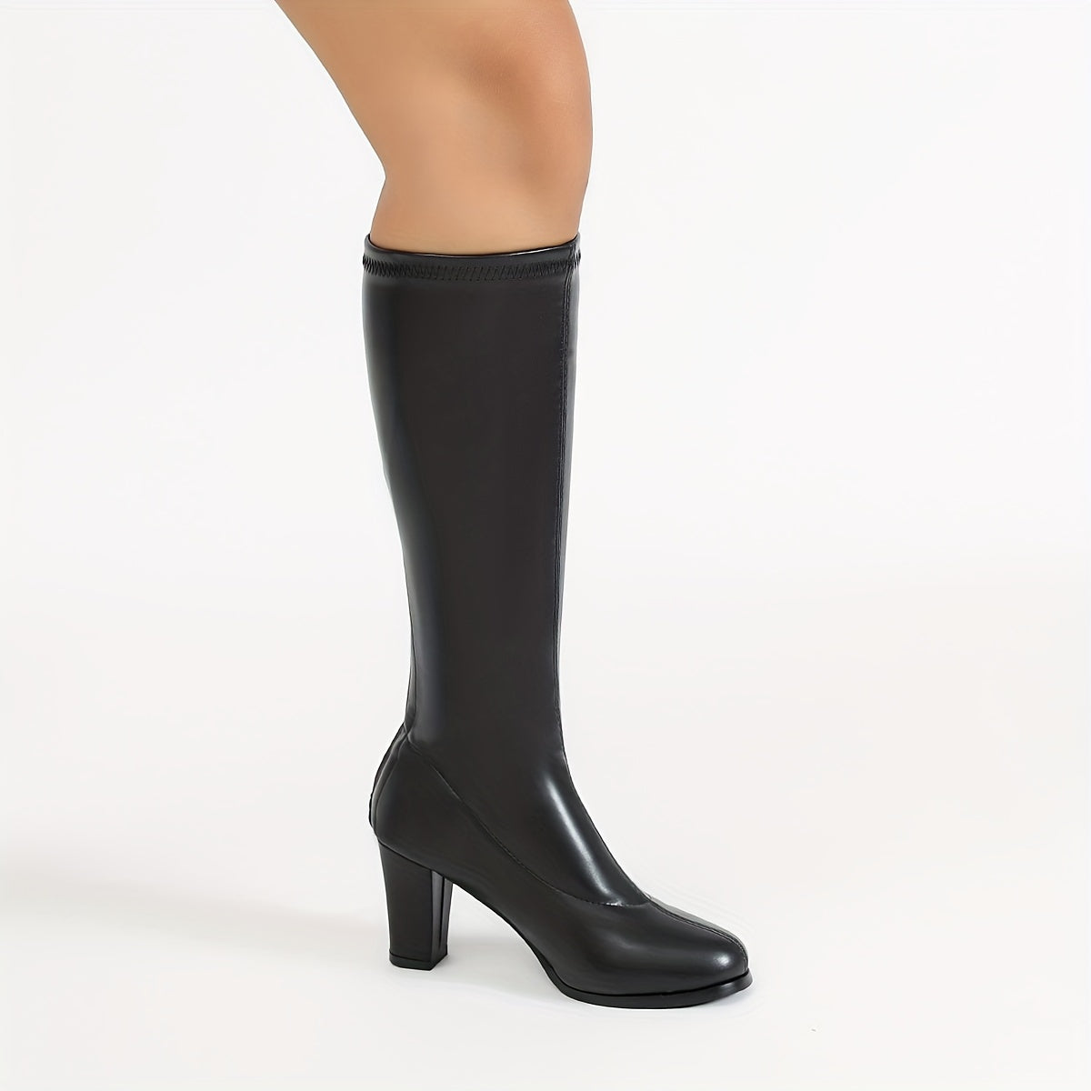 Women’s Faux Leather Chunky Heel Riding Boots Black Mid-Calf Platform