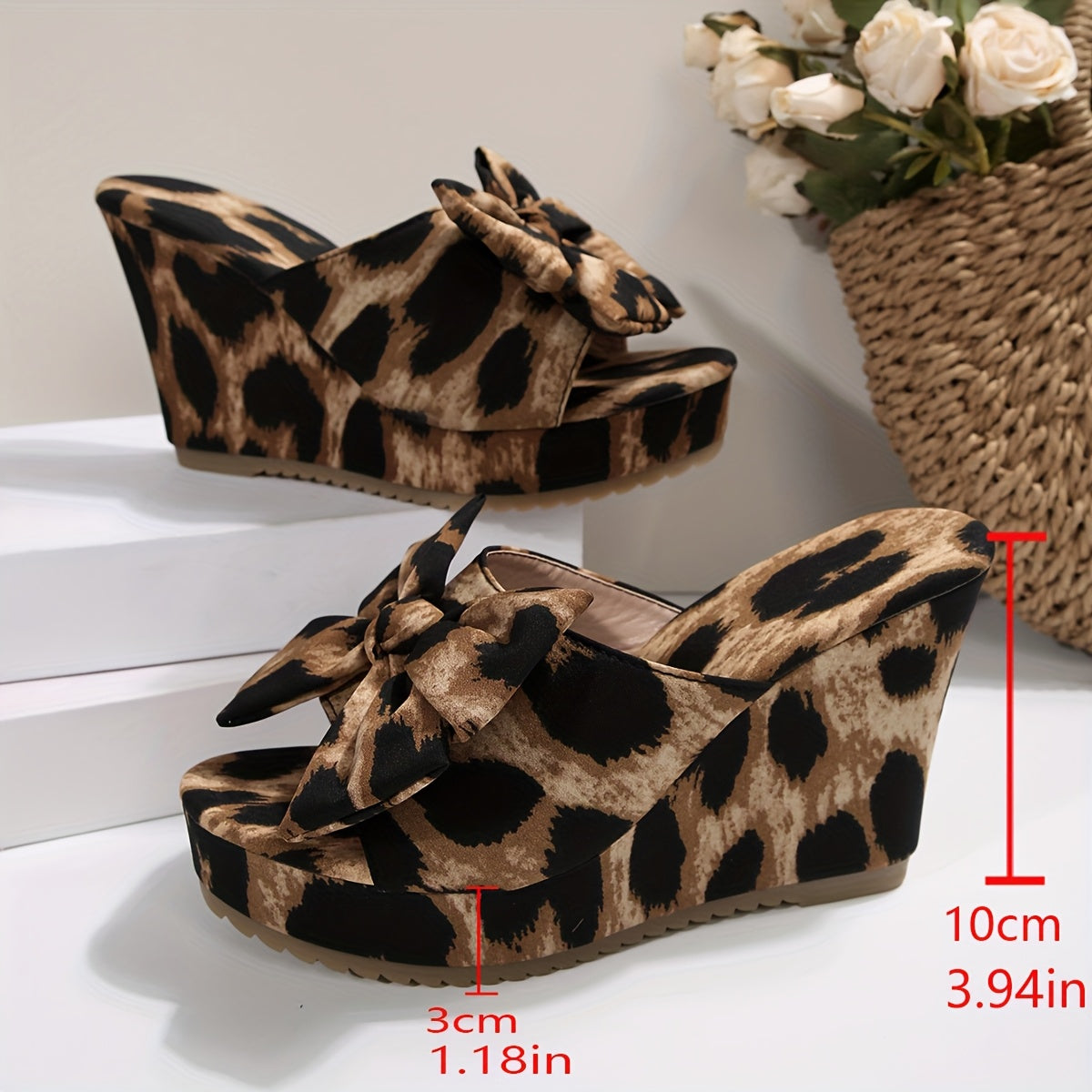 Women's Leopard Print Bow Slip-On Open-Toe High Heels Sandals