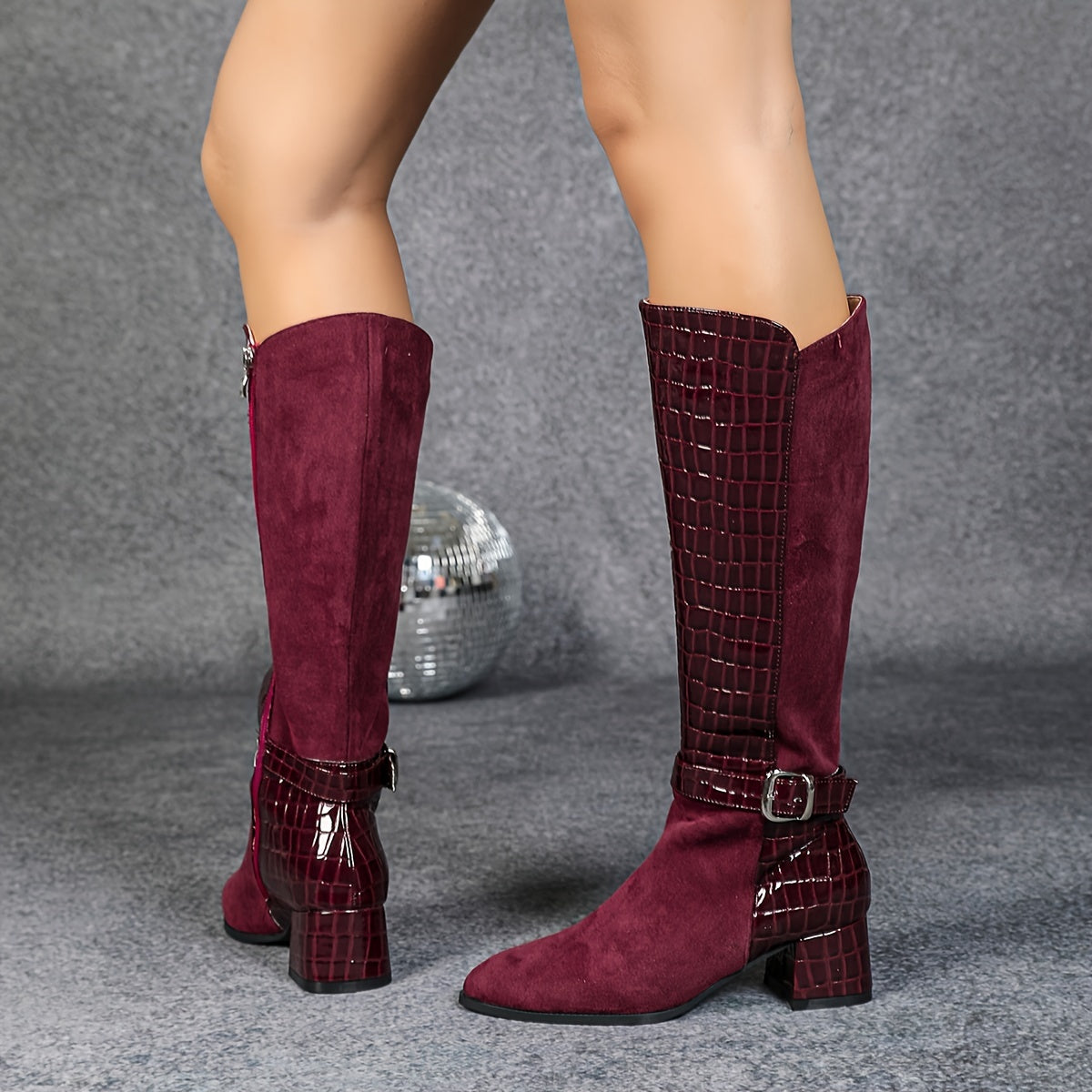 Wine Red Mid-Heeled Knee-High Boots with Pointed Toe and Side Zippers