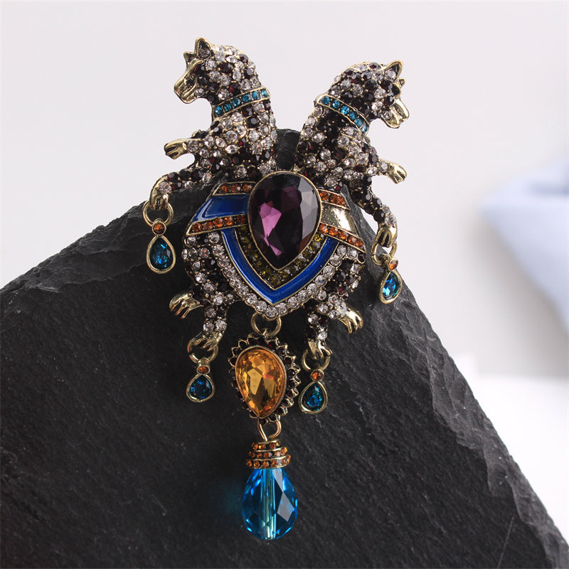 Животное брошь булавка с двойной головой леопарда, стразы, кисточка, ювелирные украшения