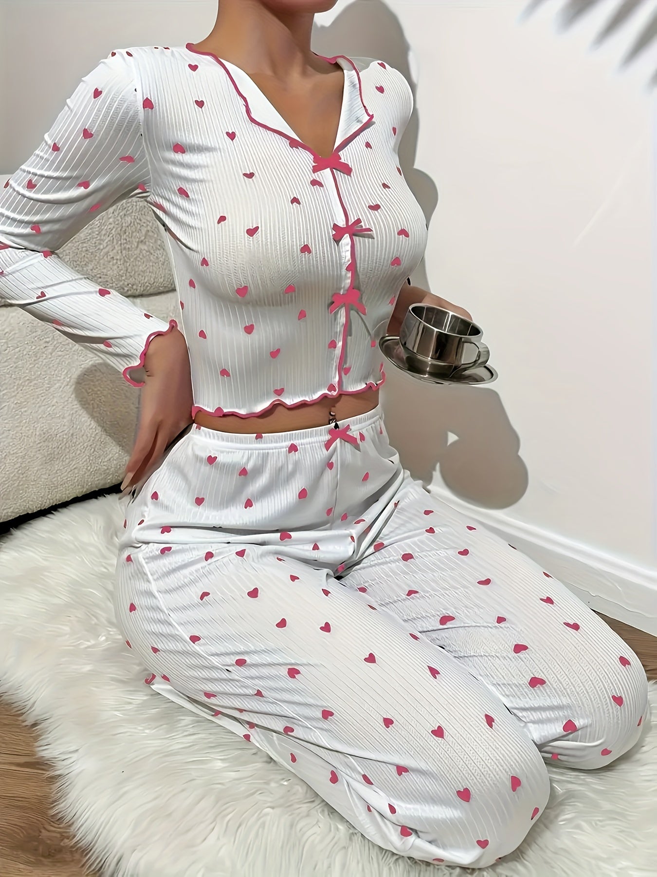 Heart Print Lounge Set with Frill Trim and Bow Detail for Women