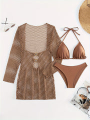 Women’s Halter Neck Bikini Set with Sheer Cover-Up Polyester Spandex High Stretch