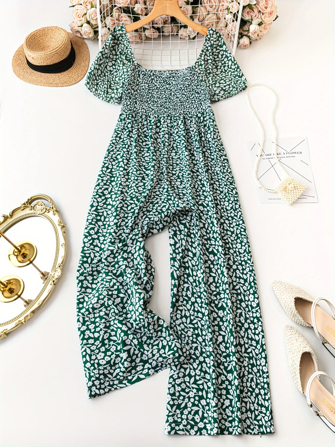 Plus Size Floral Jumpsuit Casual Short Sleeve Spring Summer Women