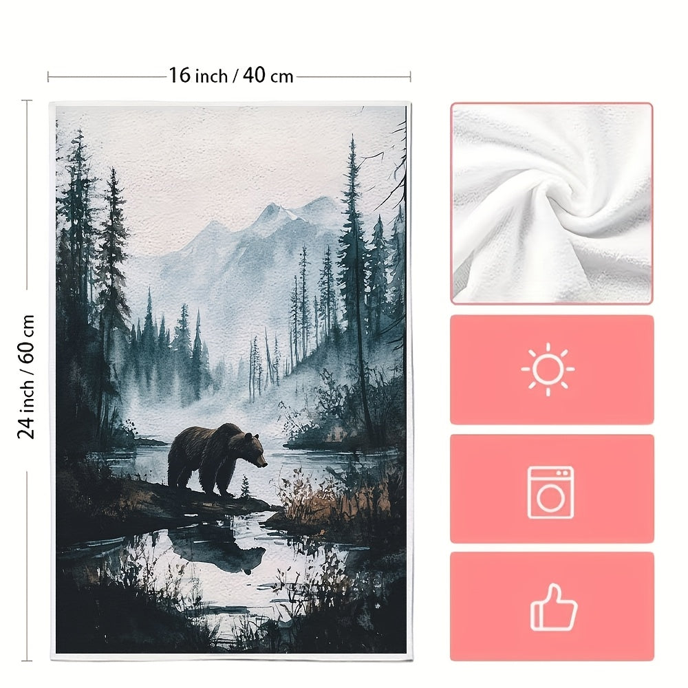 Juego de 2 toallas de cocina suaves con escena de oso grizzly en la naturaleza 40x60 cm