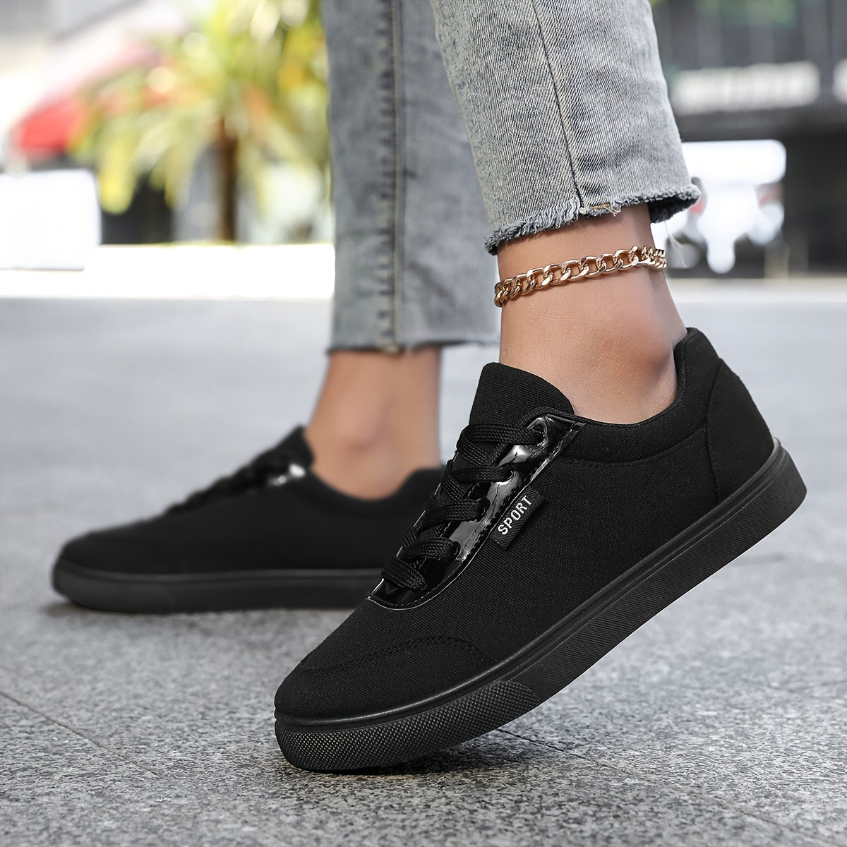 Women's Lightweight Breathable Black Skate Sneakers Casual Comfort Wide Sizes