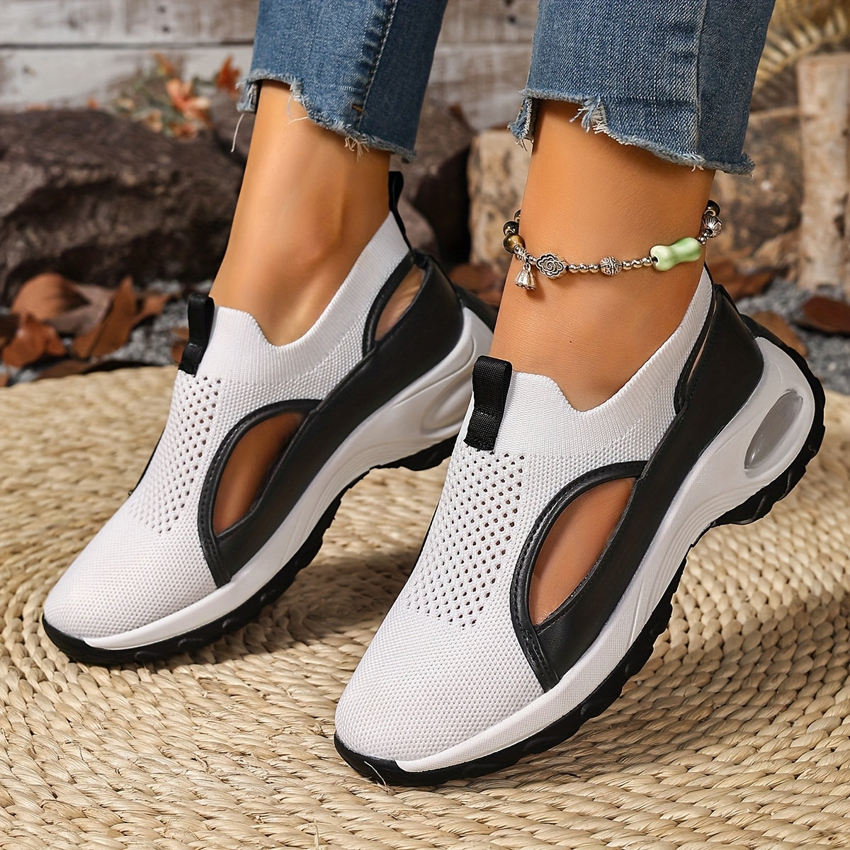 Zapatillas casuales para mujer sin cordones, transpirables, de tela, de caña baja, negro y blanco