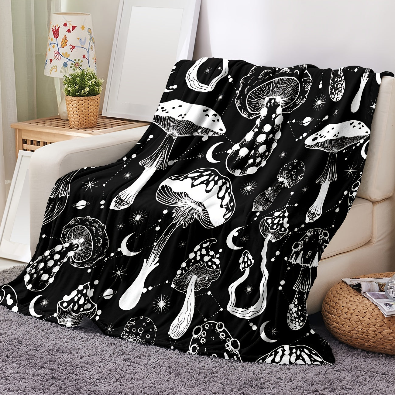 Black and White Mushroom Pattern Flannel Blanket for Cozy Naps and Snuggling