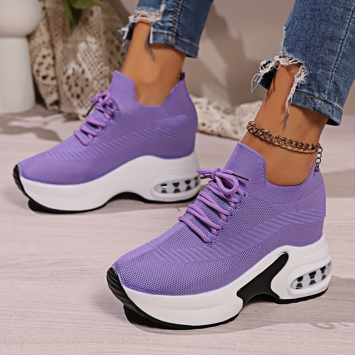 Women's Solid Color Knitted Sneakers, Lace-Up Platform Walking Shoes