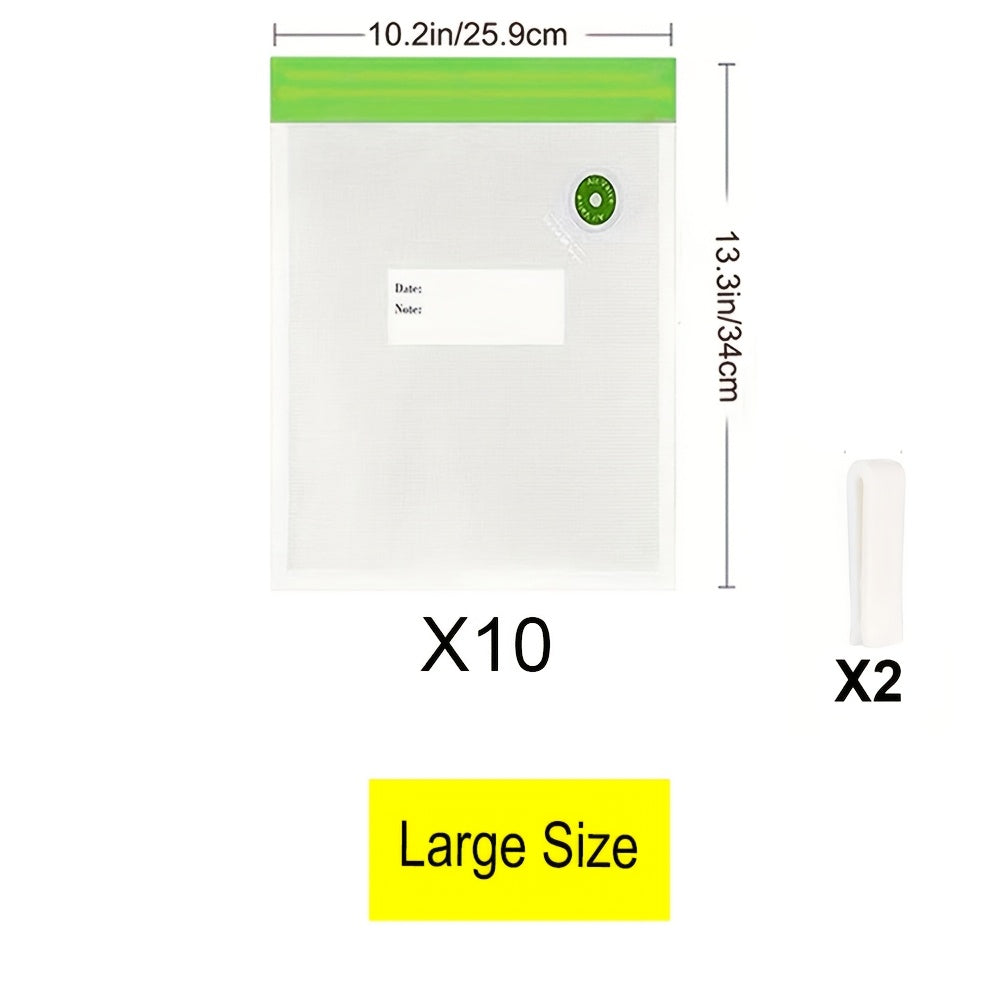 12-pack vacuum food storage bags with zipper, includes 10 bags 2 clips