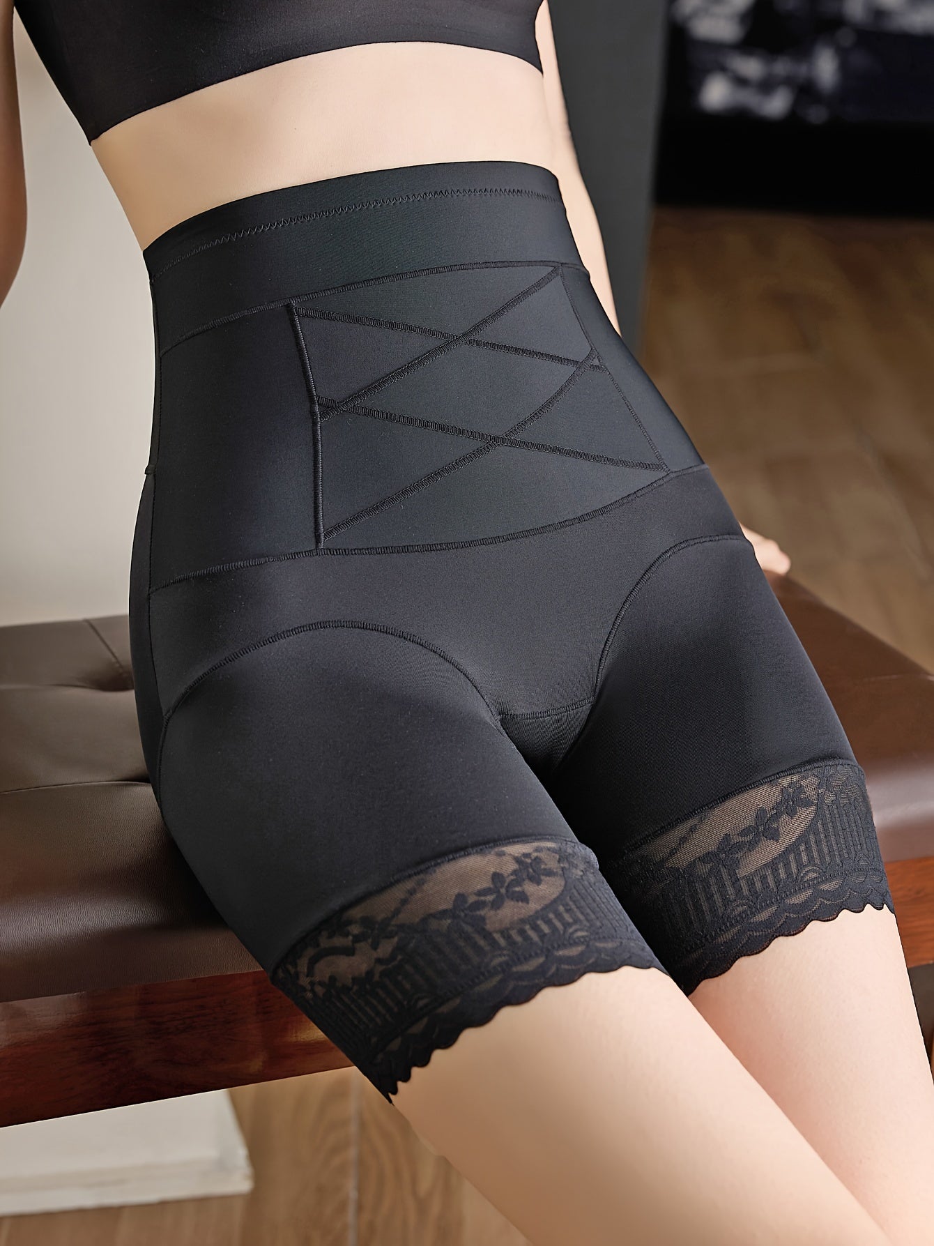 High-Waisted Tummy Control Thigh Slimmer with Lace Detail Polyamide Shapewear