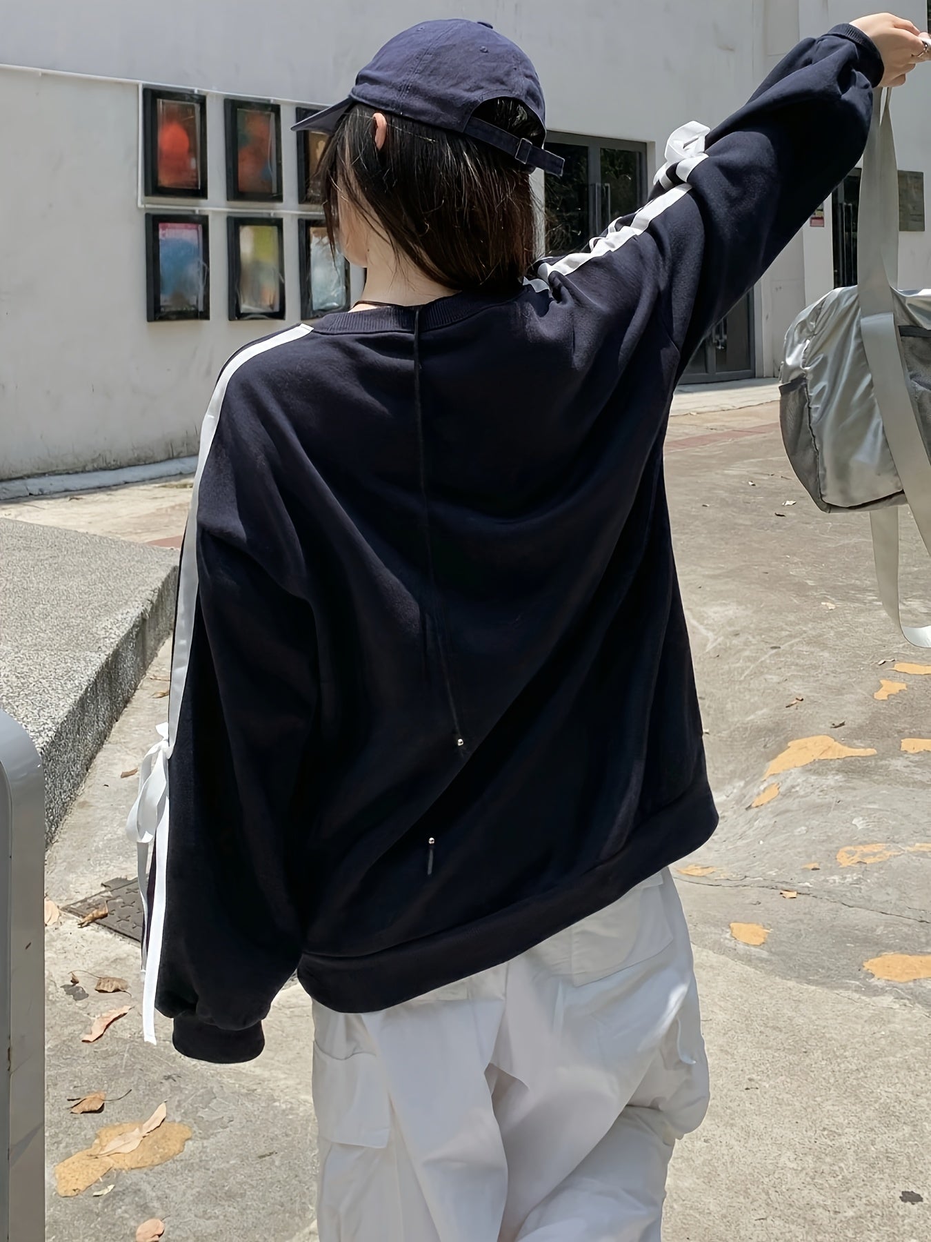 Women's Black Crew Neck Sweatshirt with White Bow Detail Polyester Casual All Seasons