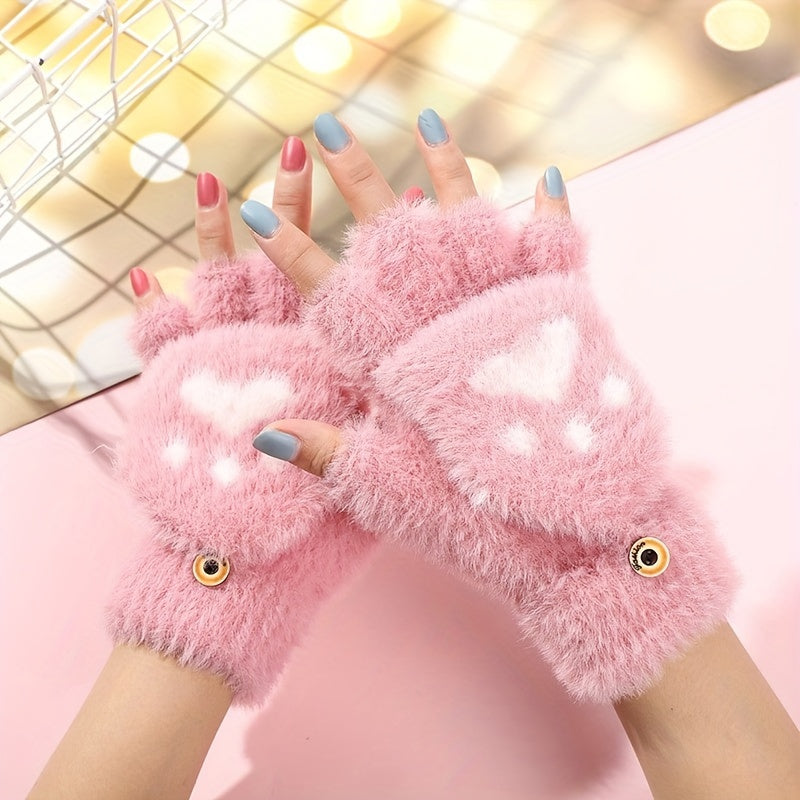 Women's Half-Finger Convertible Gloves with Cat Claw Design and Plush Material